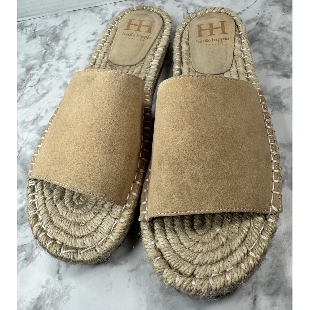 Haute Hippie Espadrille Tan Suede Leather Slides Woman's Size 8.5
